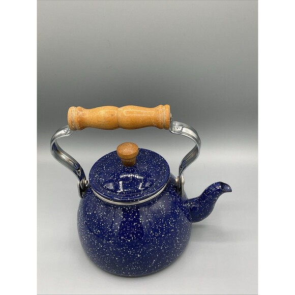 Vintage Blue White Speckled Enamelware Goose Neck Teapot Tea Kettle - Picture 5 of 13